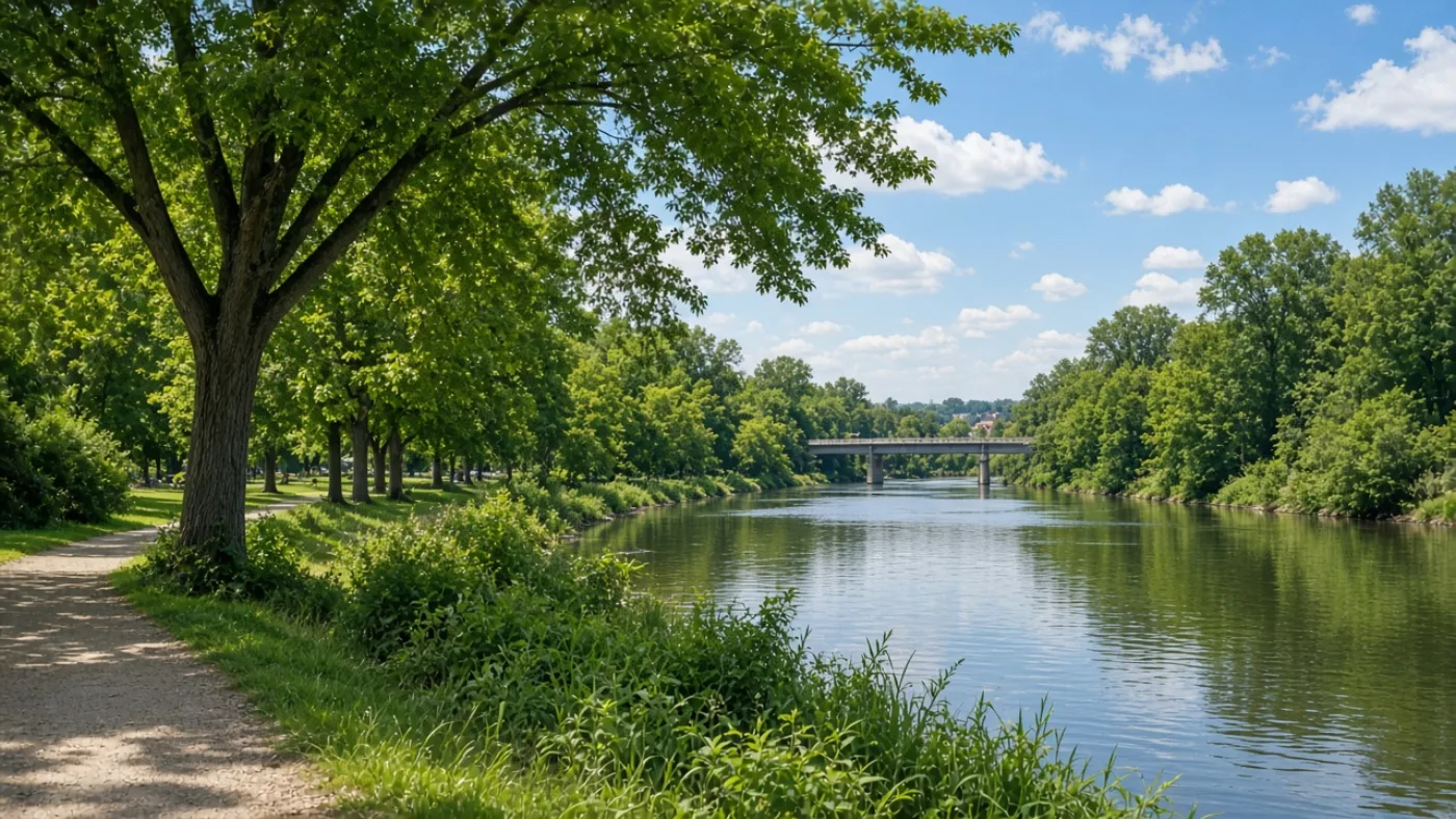 Cedar Falls riverfront park and bridge through trees