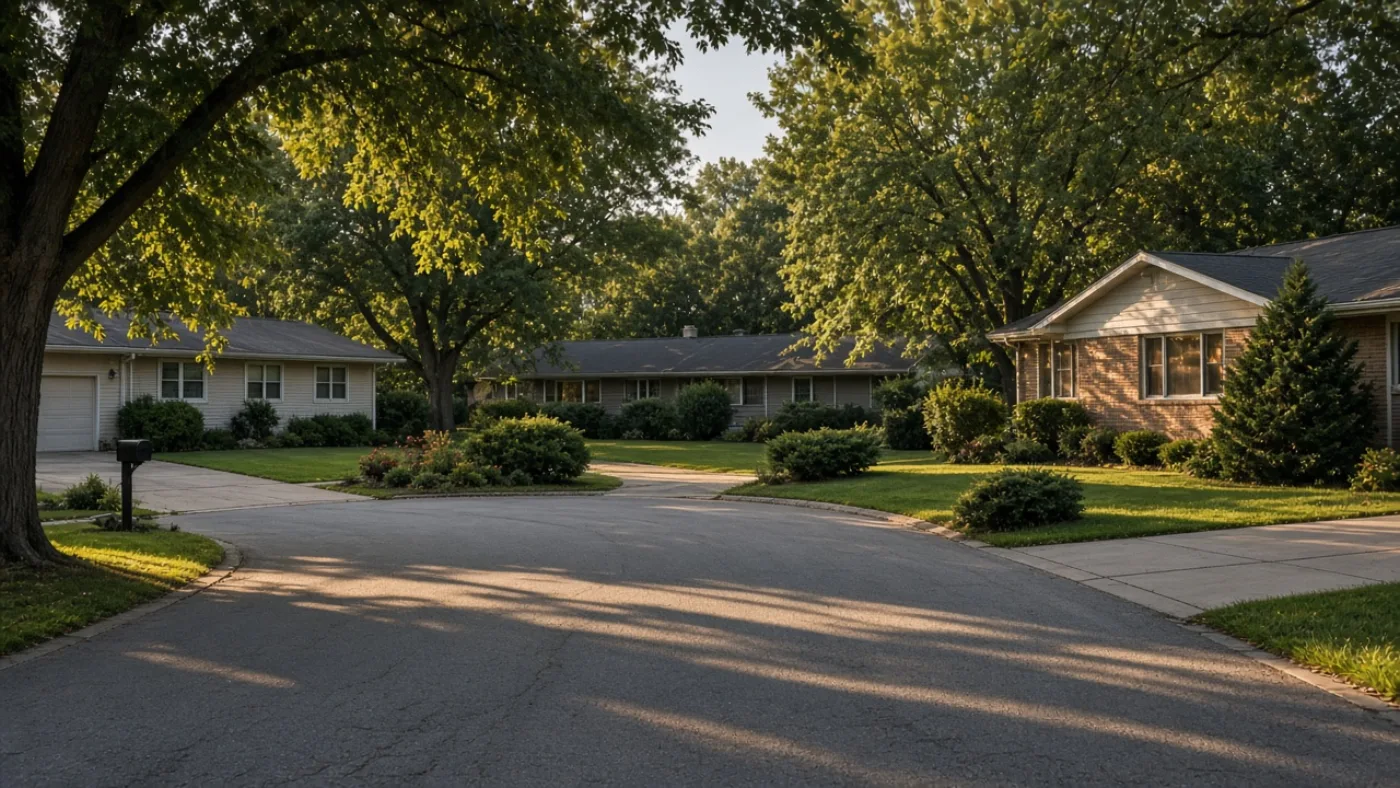 Quiet Hiawatha residential street under shade trees